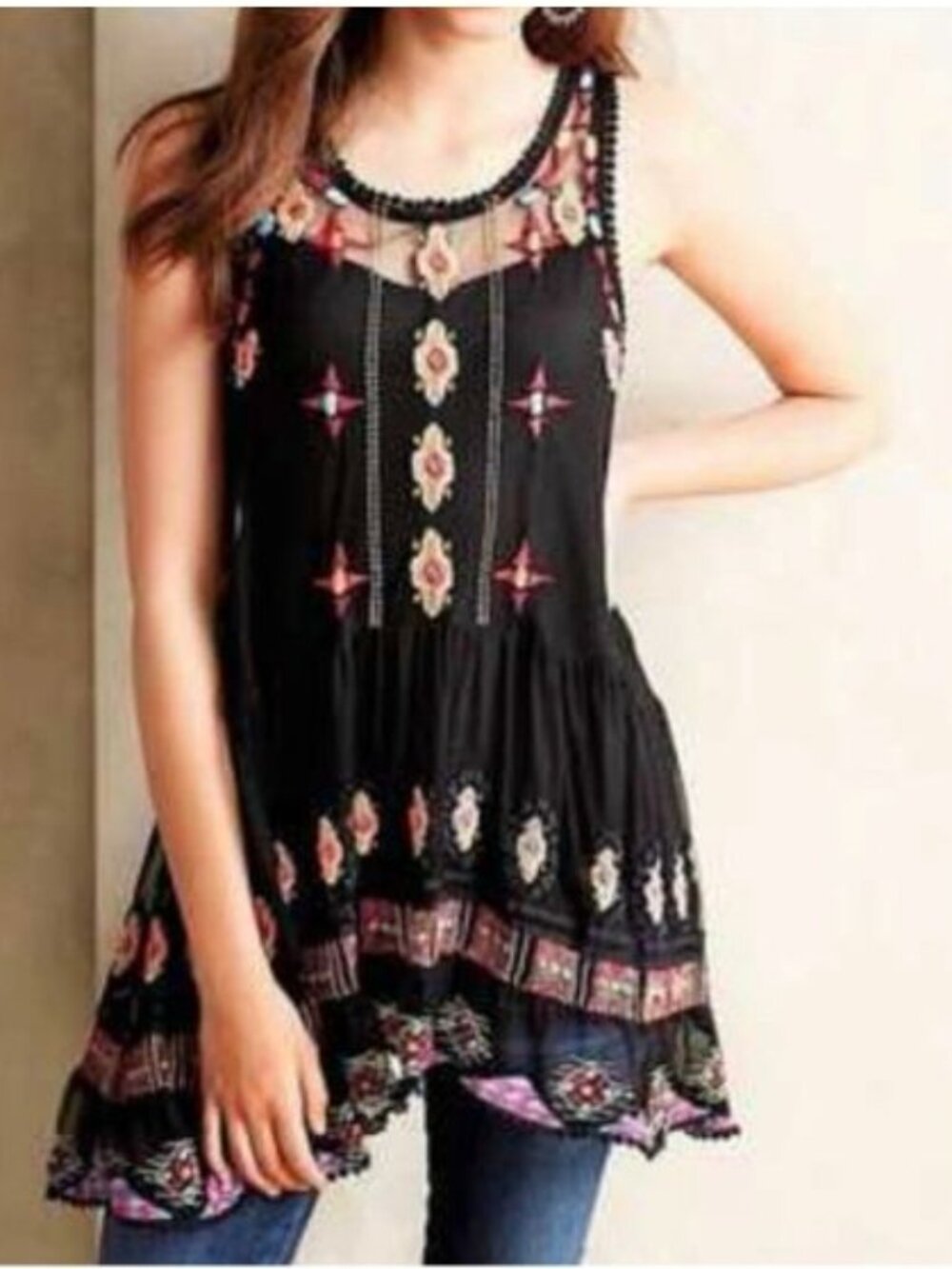 Anthropologie HD in Paris Embroidered Sheer Tunic Tank Top Blouse Black XS